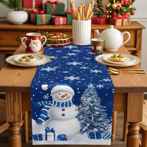Navy Blue Christmas Table Runner 13x72 Inches - Snowflake Tree Decor, Farmhouse Linen Blend
