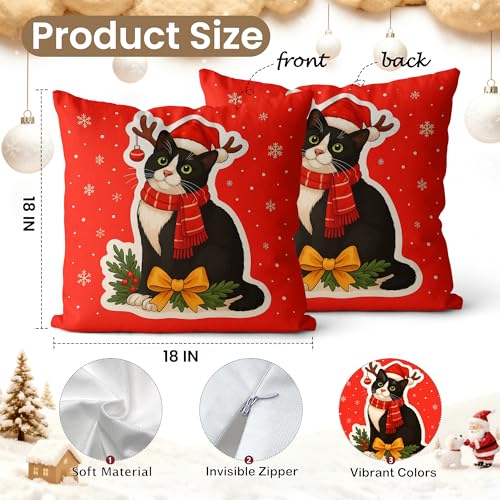 Red Christmas Tuxedo Cat Pillow Cover 18x18 - Festive Decor