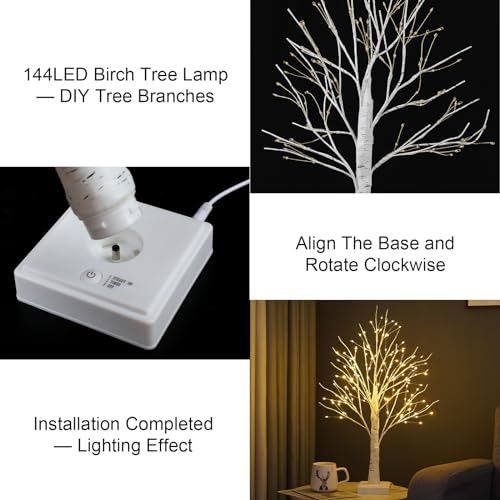 Artificial Birch Tree Lamp Set - 4 Pack Warm White LED Tree Lights with Timer and DIY Branches