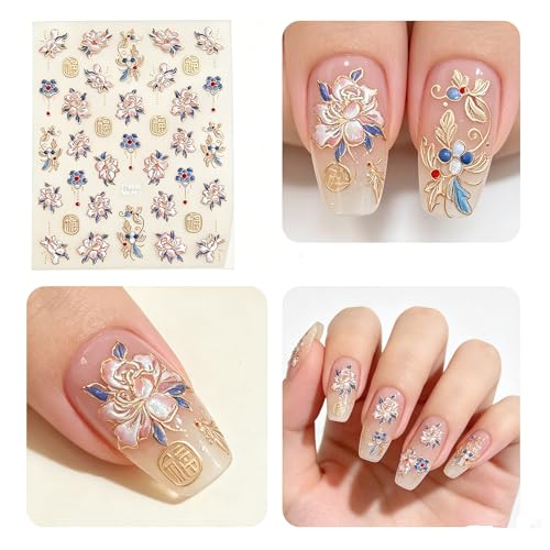 AINIFU Embossed 5D Floral Nail Stickers Gold Flower Decals DIY Manicure