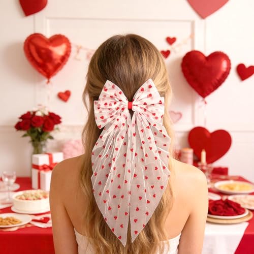 Doneace Valentine's Day Large Red Heart Hair Bow Clip with Long Tail