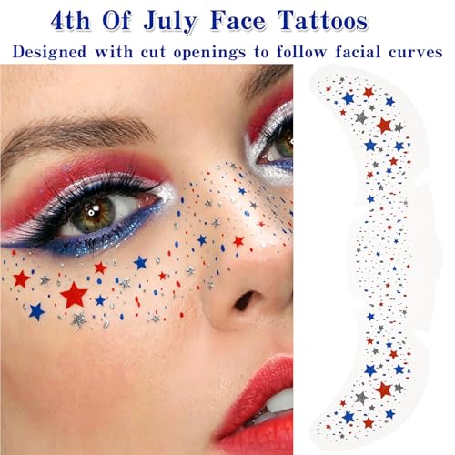 DUSCAU Patriotic Glitter Freckles Temporary Face Tattoos - 8 Sheets