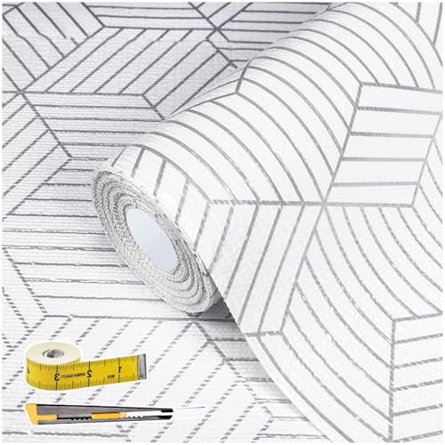 Non-Adhesive Silver Geometry Shelf Liner 12" x 118.1" for Kitchen Cabinets