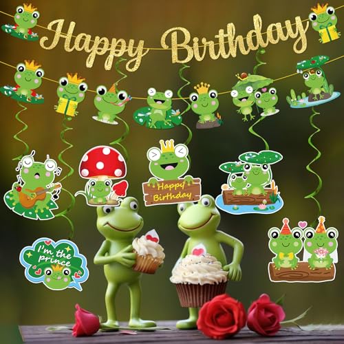 Frog Birthday Party Decorations Set with Glitter Banner and Hanging Swirls