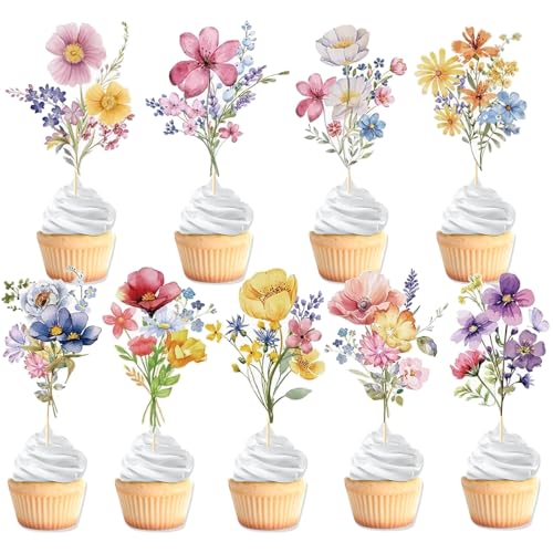 Wildflower Cupcake Toppers - 36PCS Floral Cake Decorations