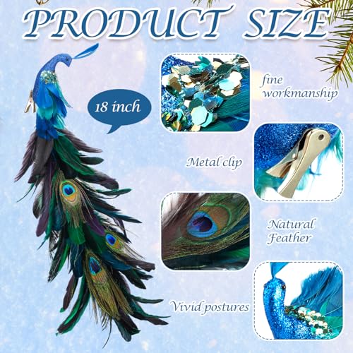 Peacock Christmas Tree Ornaments 4 Pack Long Feather Bird Decorations Glitter Clip-Ons