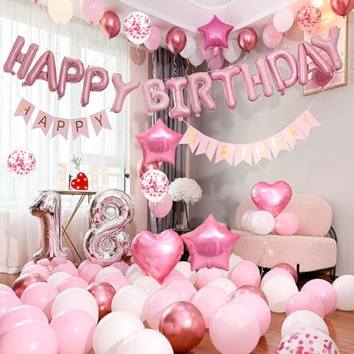 Pink Happy Birthday Banner & Star Balloons Set - 30pcs