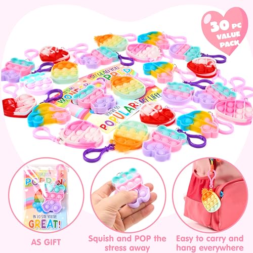 JOYIN 30 Packs 6 Design Gift Cards with Pop Bubble Keychains, Mini Colored Pop, Multi Shape Stress Relief Fidget Toys for Kids Party Favors and Classroom Gift Exchange