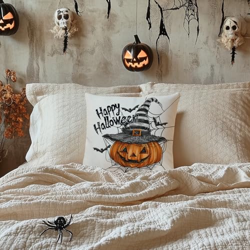 Happy Halloween Throw Pillow Cover 18x18, Jack-o'-Lantern Farmhouse Decor