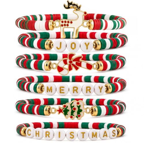 OHOME Red Green White Christmas Bracelets 6 Pack - Teens & Women Stocking Stuffers