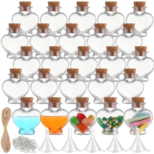 25 Pack Heart-Shaped Mini Plastic Bottles with Cork Stoppers & Craft Kit