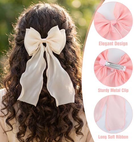Light Pink Hair Bows with Long Ribbon Tail, 20cm Hair Clips for Women (2PCS)