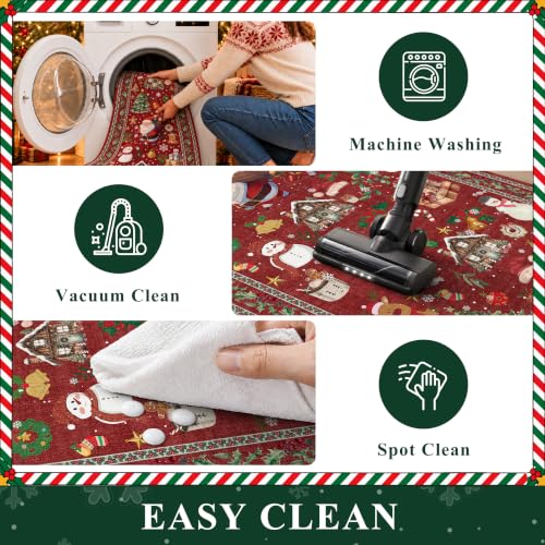 Christmas Kitchen Rugs Set of 3 Non-Slip Washable Holiday Runners - Red