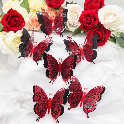 3D Red Butterfly Wall Stickers - 6pcs Removable Rose Butterfly Decals