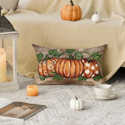 Fall Pumpkin Wood Grain Throw Pillow Cover 12x20 Inch