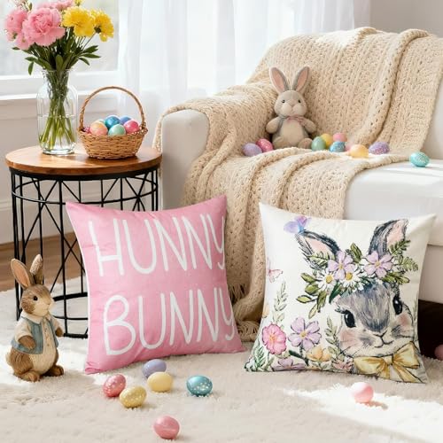 Artscope Easter Rabbit Throw Pillow Covers 18x18 Inch - Set of 4