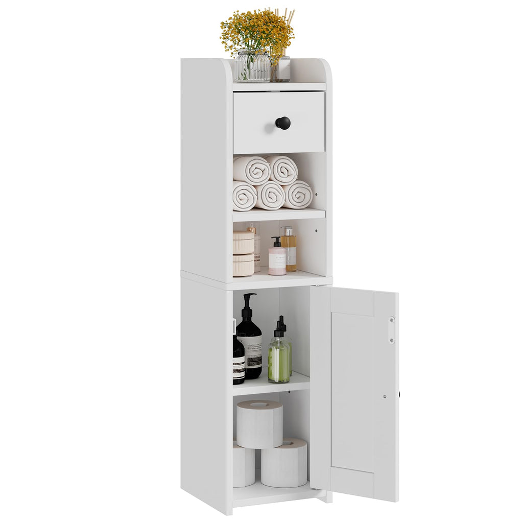Lomojo Small Bathroom Storage Cabinet,Narrow Toilet Paper Holder,Corner Floor Cabinet with Doors and Drawer for Small Space,Adjustable Shelf Organizer,7.75L*7.75D*29.6H,White