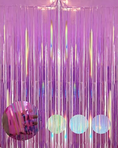 2 Pack Iridescent Rose Pink Party Streamers Backdrop - Holographic Fringe Curtains for Events