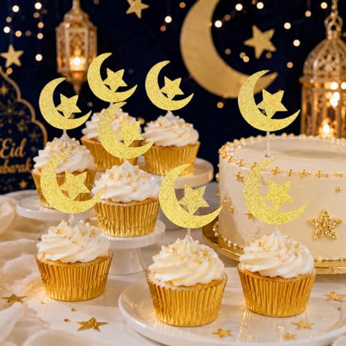 24 Pcs Star Moon Cupcake Toppers - Golden Glitter Decorations