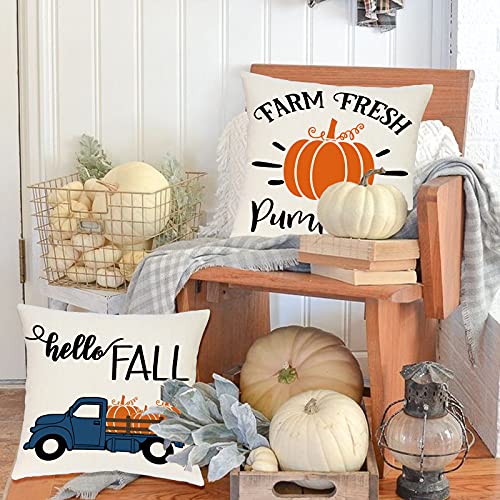 Ueerdand Fall Throw Pillow Covers, 18x18 Inch Farmhouse Pumpkin Case, Set of 4