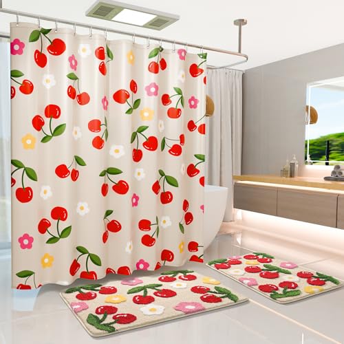 Beige Floral Cherry Shower Curtain 72" x 78" - Waterproof Polyester