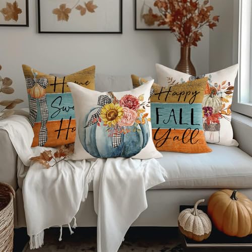 All Smiles 18x18 Fall Throw Pillow Covers Set of 4 - Pumpkin & Floral