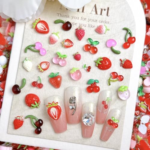 Tephrent 150pcs 3D Strawberry and Cherry Resin Nail Charms Flatback Rhinestones