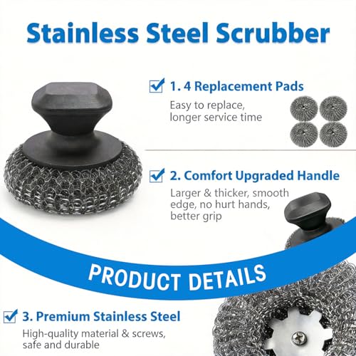 Azureblue 5-Pack Stainless Steel Scrubber with Ergonomic Handle