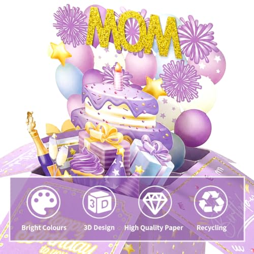 3D Pop Up Birthday Card for Mom - Purple and Gold Cake Design with Envelope