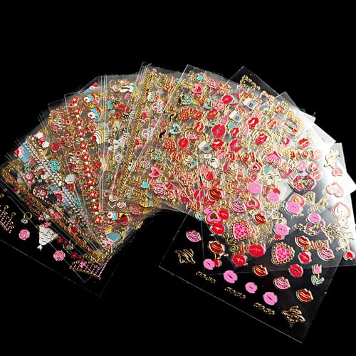 Valentine's Day Nail Art Stickers 3D Heart & Lip Decals - 30 Sheets