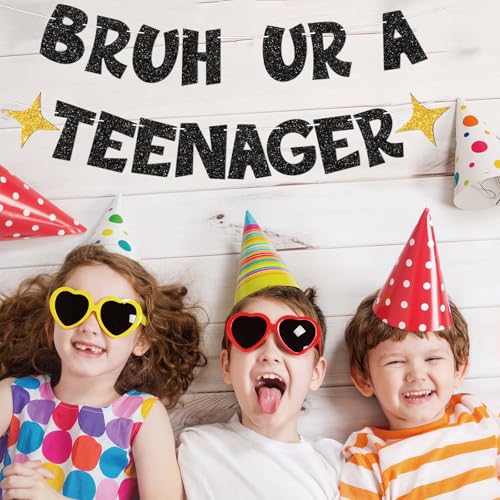 Black Gold 13th Birthday Banner - Bruh UR A Teenager Decorations