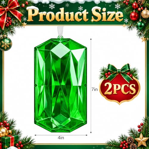 Jumbo Green Gem Ornament Set - 7 x 4 Inches, 2 Pieces, Holiday Decor