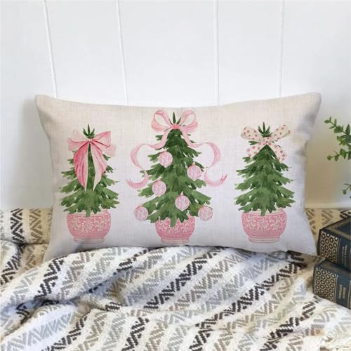 Pink Christmas Tree Throw Pillow Cover - 12x20 Inch Chinoiserie Design