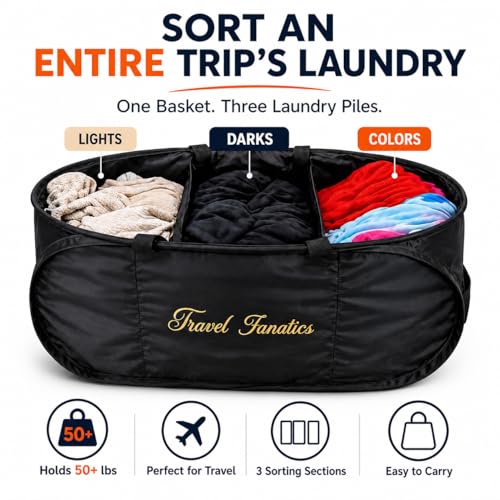 Travel Fanatics 60L Collapsible Laundry Basket with 3 Sorting Dividers