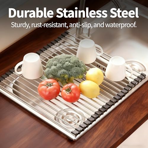 TYZUIAW Roll-Up Dish Drying Rack, 17.5"x11.8" Foldable Stainless Steel Drainer