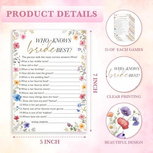 Wildflower Wedding Game Cards - Who Knows Bride Best? (25 Pack)