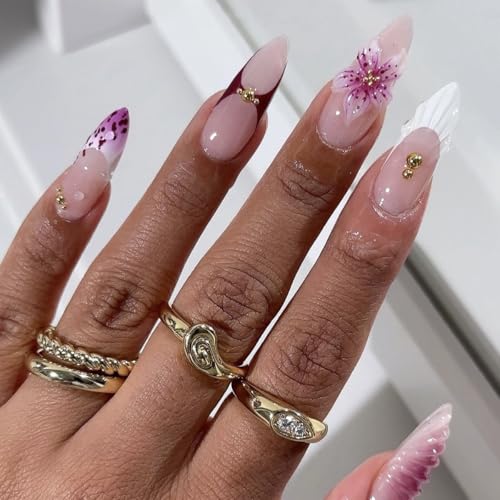 Medium Almond Press on Nails 3D Floral French Acrylic Fake Nails Kit