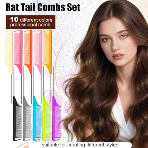 Luumxai 10pcs Metal Rat Tail Hair Combs Set for Parting and Teasing