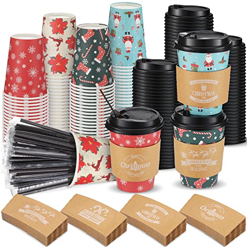 Christmas Paper Cups with Lids, Straws & Sleeves - Bright Style, 12 oz, 100 Sets