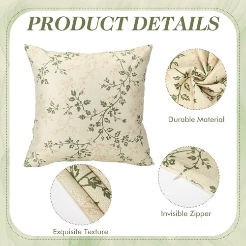 Vintage Floral Throw Pillow Covers 18x18 Inch - Green & Cream