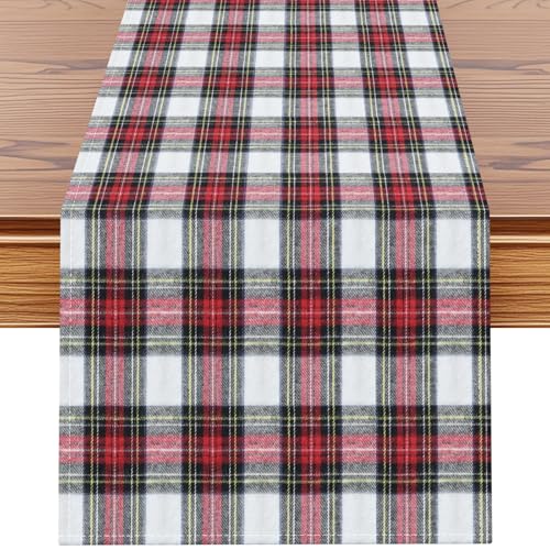 Red and White Scottish Plaid Christmas Table Runner 13x120 Inch - Farmhouse Holiday Decor