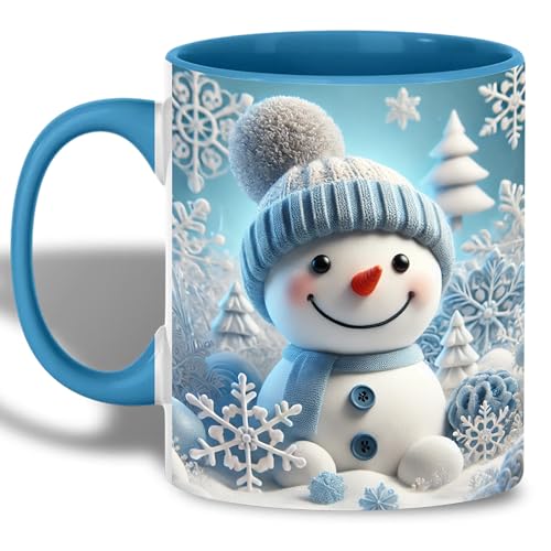 Christmas Mug - Adorable Snowman Winter Coffee Cup with Frosty Blue Design