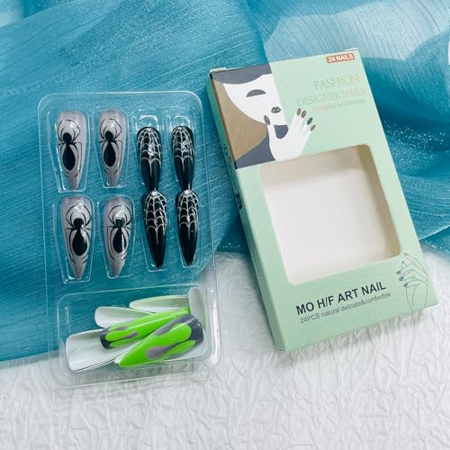 Halloween Long Stiletto Press On Nails Spider Web Fake Nails