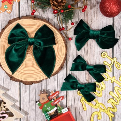 DEEKA Dark Green Velvet Hair Bows 4-Piece Set with Alligator Clips