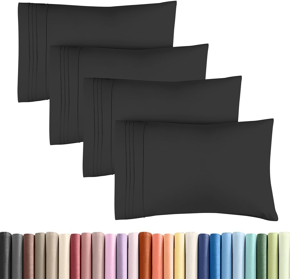 Skiennix Standard Pillow Cases Set of 4 - Ultra Soft Hotel Quality Covers - Machine Washable Black