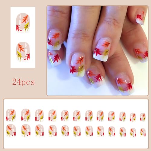 Fall Press On Nails Short Square Maple Leaf Glossy False Nails