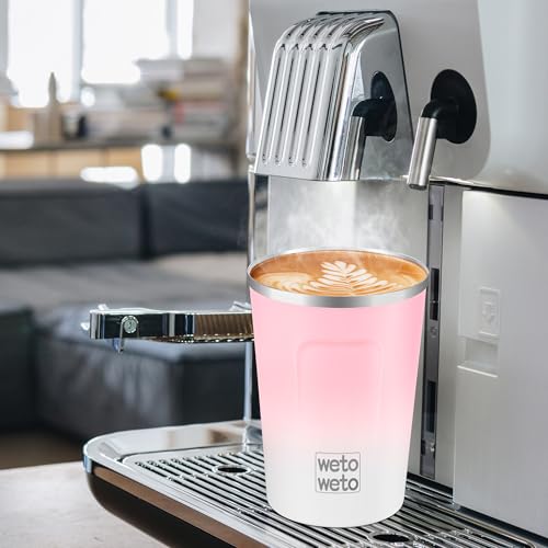 WETOWETO 12 oz Stainless Steel Insulated Travel Coffee Mug - Pink-White