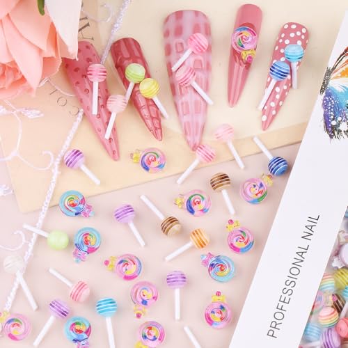 editTime 100pcs 3D Lollipop Nail Charms Resin Kawaii Candy Decals