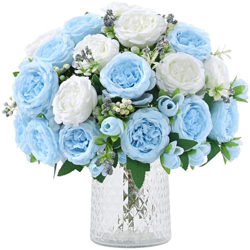 Mixed White Blue Artificial Peonies - 2 Pack Silk Flowers
