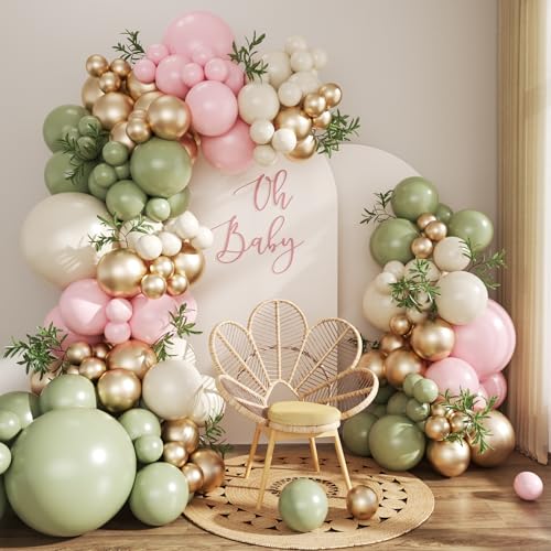 Sage Green & Pink Balloon Arch Kit - 128 Pcs for Baby Showers & Parties